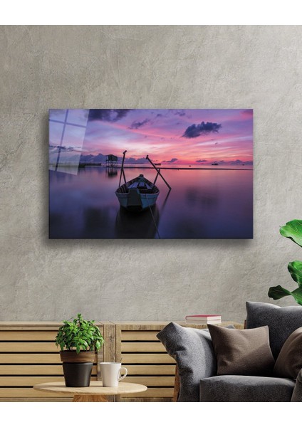 Gün Batımı Deniz Kayık Cam Tablo fiyatları