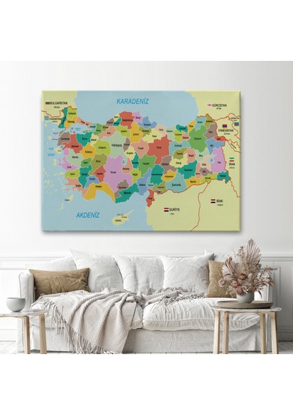Türkiye Haritası Kanvas Tablo Sınır Komşulu Eğitici Dekoratif Tablo 3096