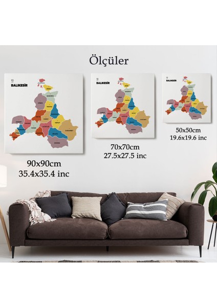 Balıkesir Ili ve Ilçeler Haritası Dekoratif Kanvas Tablo 1280
