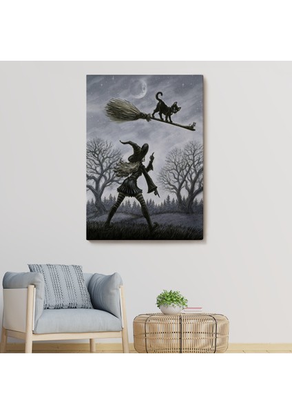Cadı Süpürgesi ile Uçan Kara Kedi Tablosu, Witches HALLOWEEN-6353