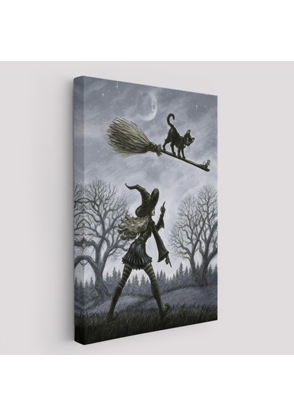 Cadı Süpürgesi ile Uçan Kara Kedi Tablosu, Witches HALLOWEEN-6353
