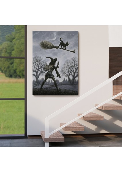 Cadı Süpürgesi ile Uçan Kara Kedi Tablosu, Witches HALLOWEEN-6353