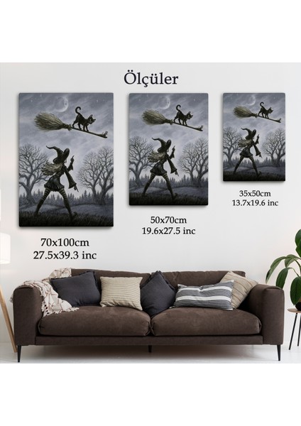Cadı Süpürgesi ile Uçan Kara Kedi Tablosu, Witches HALLOWEEN-6353