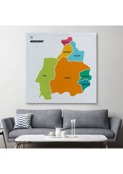 Aksaray Ili ve Ilçeler Haritası Dekoratif Kanvas Tablo 1260