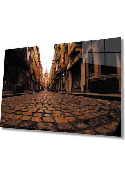 Arnavut Kaldırımlı Sokak ve Galata Manzaralı Cam Tablo