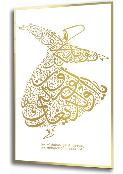 Mevlana Semazen Altın Beyaz Dikey Cam Tablo