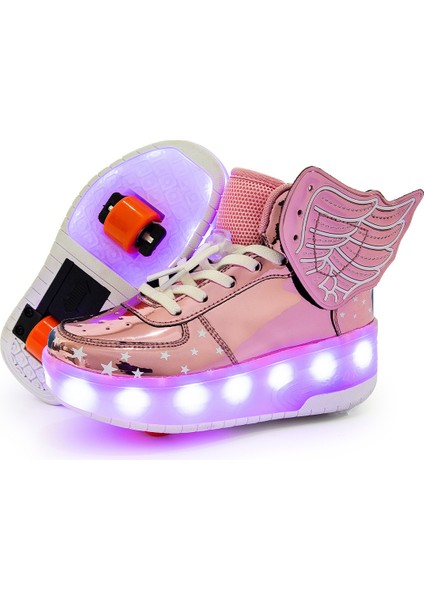 Heelys Yüksek Top Çocuk Işıklı Ayakkabı Çift Kanatlı Kasnak Ayakkabı LED Işıklı Spor Ayakkabı Erkek Çocuk Tekerlekli Ayakkabı (Yurt Dışından)