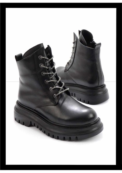 Siyah Hakiki Deri Kadın Bot & Bootie K02531206903