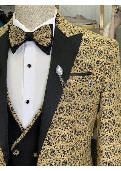 Erkek Smokin Damatlık Jakarlı Kırlangıç Yaka Italyan Kesim Slim Fit Ceket Yelek Pantolon Papyon-Sarı
