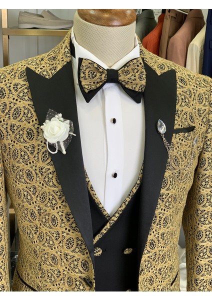 Erkek Smokin Damatlık Jakarlı Kırlangıç Yaka Italyan Kesim Slim Fit Ceket Yelek Pantolon Papyon-Sarı