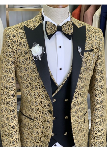 Erkek Smokin Damatlık Jakarlı Kırlangıç Yaka Italyan Kesim Slim Fit Ceket Yelek Pantolon Papyon-Sarı