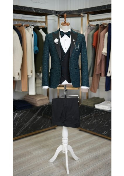 Erkek Smokin Damatlık Jakarlı Kırlangıç Yaka Italyan Kesim Slim Fit Ceket Yelek Pantolon Papyon-Yeşil fiyatları