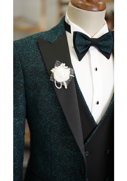 Erkek Smokin Damatlık Jakarlı Kırlangıç Yaka Italyan Kesim Slim Fit Ceket Yelek Pantolon Papyon-Yeşil fırsatları