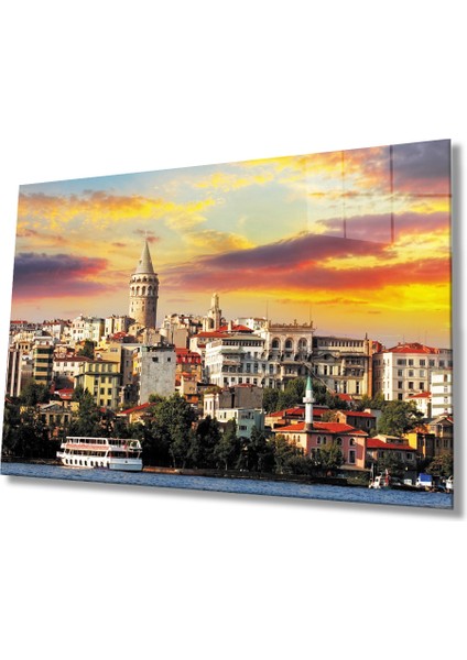 Kızıl Gökyüzü Galata Kulesi Istanbul Manzaralı Cam Tablo