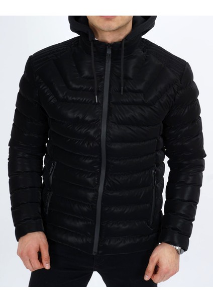 Erkek Kapüşonlu Şişme Süet Slim-Fit Mont
