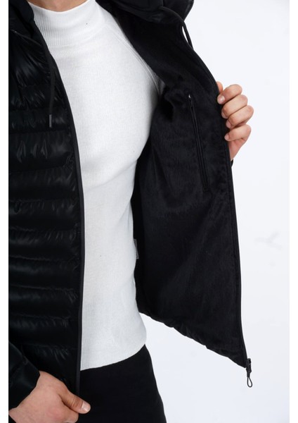 Erkek Kapüşonlu Şişme Süet Slim-Fit Mont