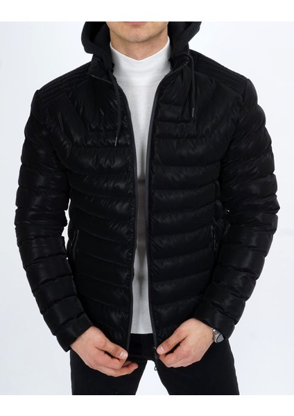 Erkek Kapüşonlu Şişme Süet Slim-Fit Mont