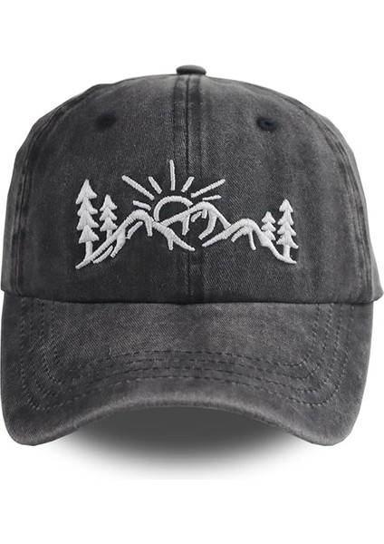 Kadınlar Için Dağ Beyzbol Şapkası Erkekler, Ayarlanabilir Nakışlı Yıkanmış Vintage Retro Pamuk Denim Sıkıntılı Macera Baba Şapkası (Yurt Dışından)