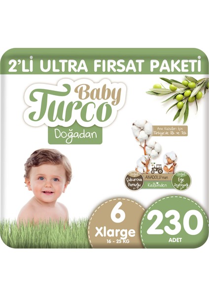 Baby Turco Doğadan 2'li Ultra Fırsat Paketi Bebek Bezi 6 Numara Xlarge 230 Adet