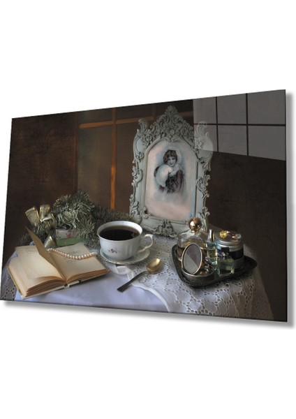 Kitap Inci Natürmort Cam Tablo Book Pearl Still Life