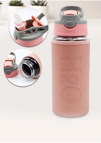 H2O Deri Kılıflı Pipetli Cam Matara Pembe  500 ml