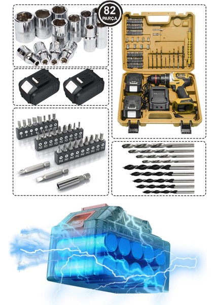 58VF 5AH Çelik Şanzıman 10 Pilli Çift Akülü Darbeli Şarjlı Matkap Vidalama 82 Parça Şarjlı Vidalama