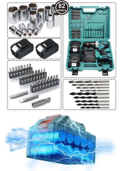 58VF 5AH Çelik Şanzıman 10 Pilli Çift Akülü Darbeli Şarjlı Matkap Vidalama 82 Parça Şarjlı Vidalama