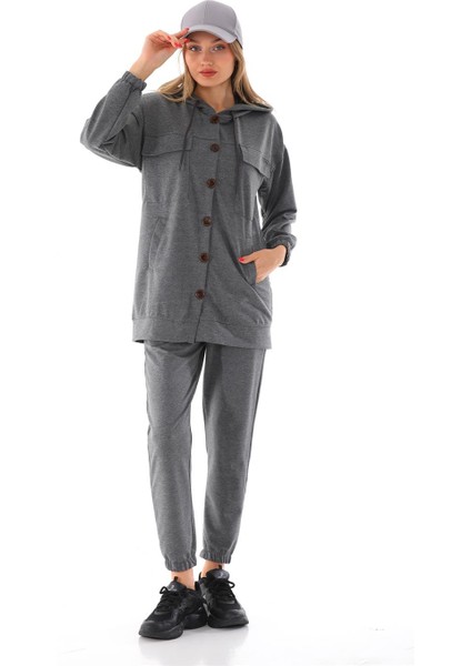 Büyük Düğmeli Kadın Günlük Spor Takım Gri