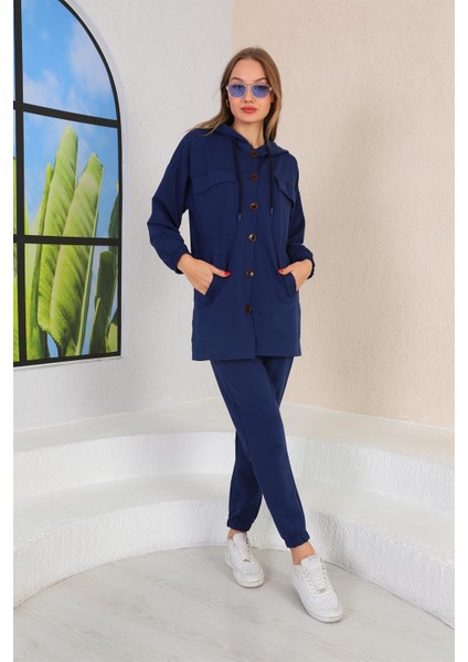 Büyük Düğmeli Kadın Günlük Spor Takım Lacivert indirimleri