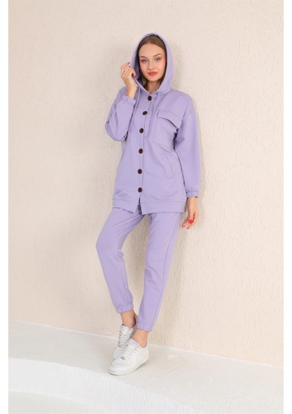 Büyük Düğmeli Kadın Günlük Spor Takım Lila