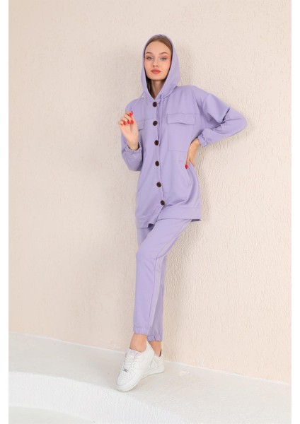 Büyük Düğmeli Kadın Günlük Spor Takım Lila indirimleri