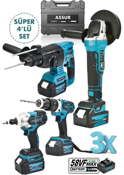 4'lü Set Şarjlı Delici Kırıcı Hilti 2-26+125MM Şarjlı Taşlama+Şarjlı Somun SÖKME+13MM Darbeli Matkap