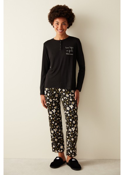 Blossom Solid Tişört Siyah Pijama Üstü