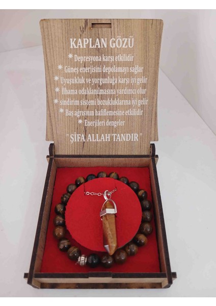 Ahşap Kutulu Kaplan Gözü Doğal Taş Kolye Bileklik Set