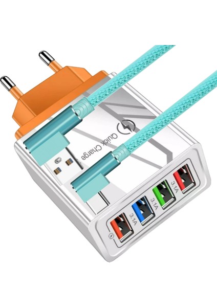 A6 Çoklu Şarj Adaptörü 4 Port + J11 Type-C 90 Derece 2.4A Şarj Kablosu -1mt