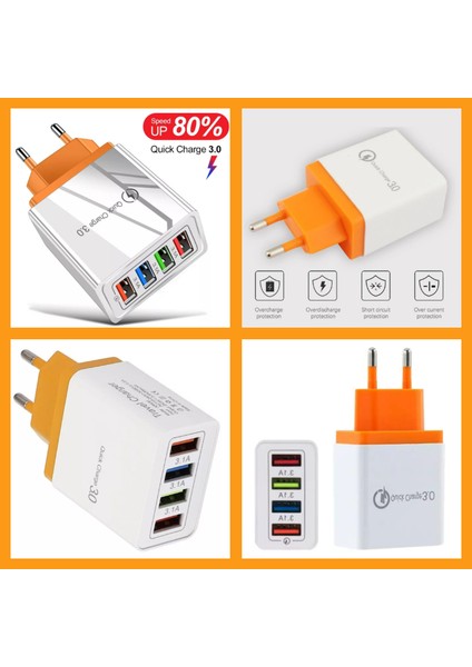 A6 Çoklu Şarj Adaptörü 4 Port + J11 Type-C 90 Derece 2.4A Şarj Kablosu -1mt