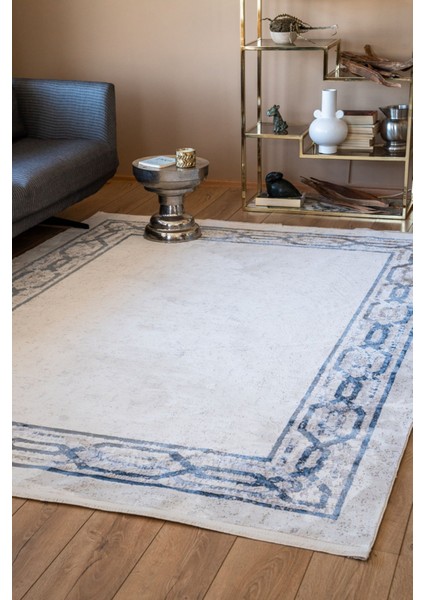 Frisco Mavi Çerçeveli Polyester Makine Halısı fırsatları