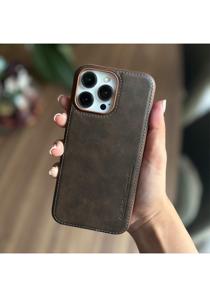 iPhone 13 Pro Max Uyumlu Deri Kılıf Içi Kadife Kahverengi Arka Kapak Silikon Kenar Taba Deri Telefon Kılıfı