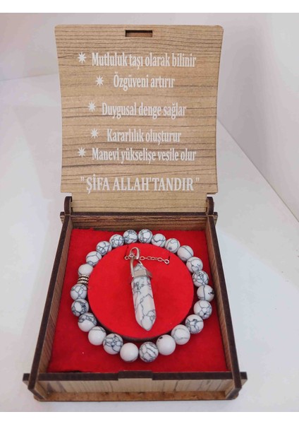 Özel Ahşap Kutulu Havlit Taşı Doğal Taş Bileklik Kolye Set