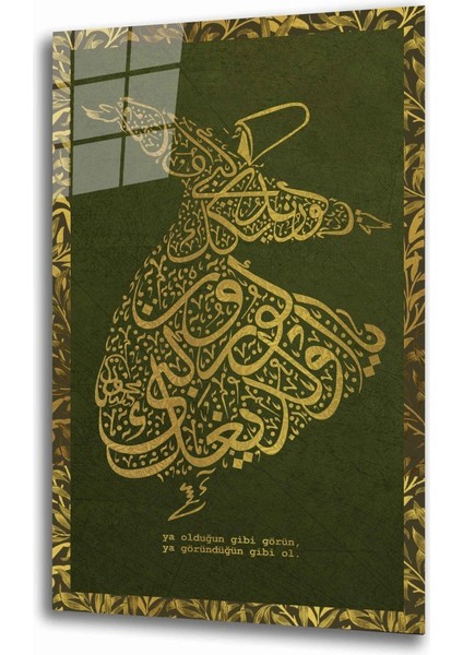 Mevlana Semazen Yeşil Sarı Cam Tablo