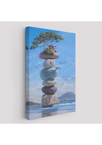 Sahilde Renkli Denge Taşları, Meditasyon, Yoga, Spiritüel Baskı Kanvas TABLO-5239