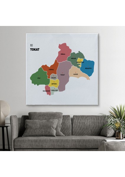 Tokat Ili ve Ilçeler Haritası Dekoratif Kanvas Tablo 1467