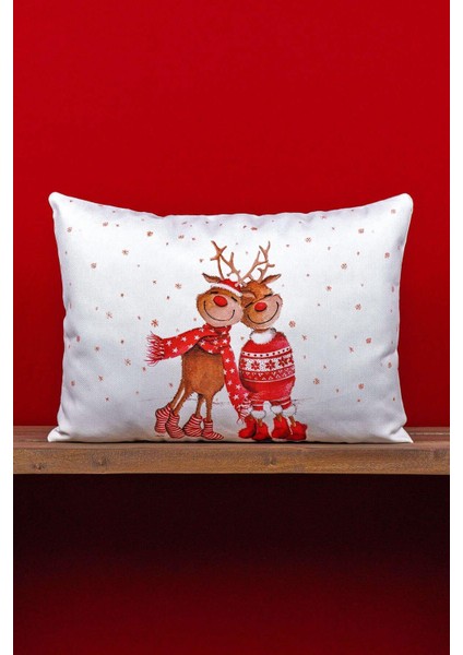 Çift Taraflı 35X50 Kırmızı Geyik Yılbaşı Temalı Dijital Baskılı Kırlent Kılıfı -CGH1361-3550