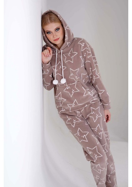 Kadın Polar Düşük Omuzlu Kanguru Cepli Pijama Takım