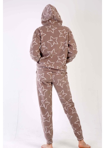 Kadın Polar Düşük Omuzlu Kanguru Cepli Pijama Takım