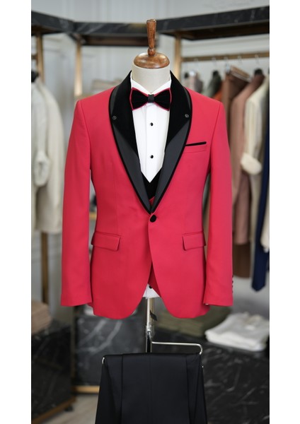 Erkek Smokin Damatlık Şal Yaka Italyan Kesim Slim Fit Ceket Yelek Pantolon Papyon-Kırmızı