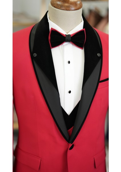 Erkek Smokin Damatlık Şal Yaka Italyan Kesim Slim Fit Ceket Yelek Pantolon Papyon-Kırmızı fiyatları