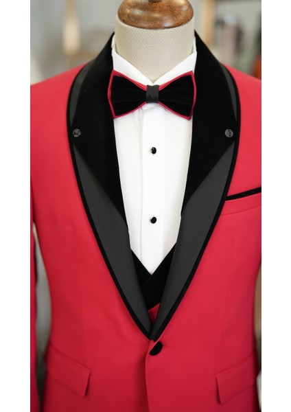Erkek Smokin Damatlık Şal Yaka Italyan Kesim Slim Fit Ceket Yelek Pantolon Papyon-Kırmızı modelleri