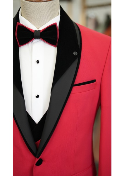 Erkek Smokin Damatlık Şal Yaka Italyan Kesim Slim Fit Ceket Yelek Pantolon Papyon-Kırmızı fırsatları