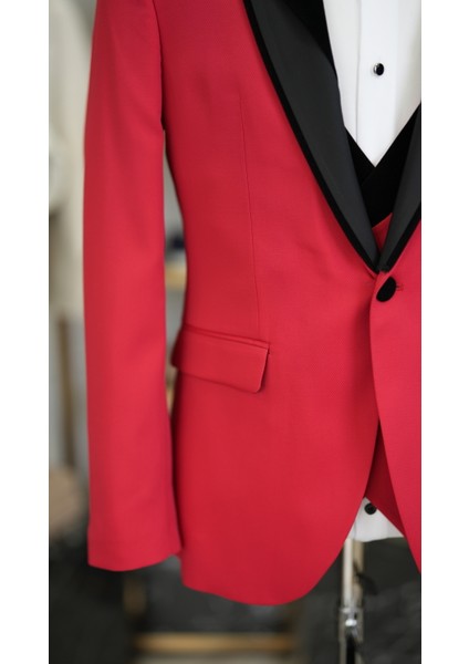 Erkek Smokin Damatlık Şal Yaka Italyan Kesim Slim Fit Ceket Yelek Pantolon Papyon-Kırmızı indirimleri